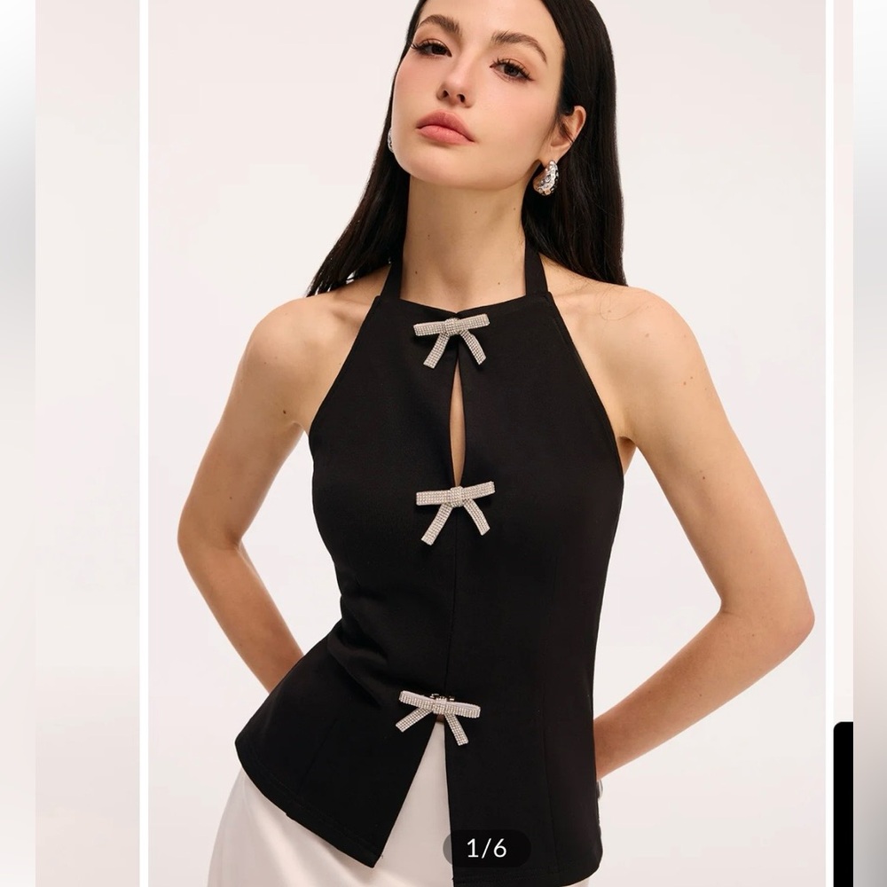 NWOT Black Halter Top Rhinestone Bow Detail Keyhole Going Out Top Size [S/M/L]